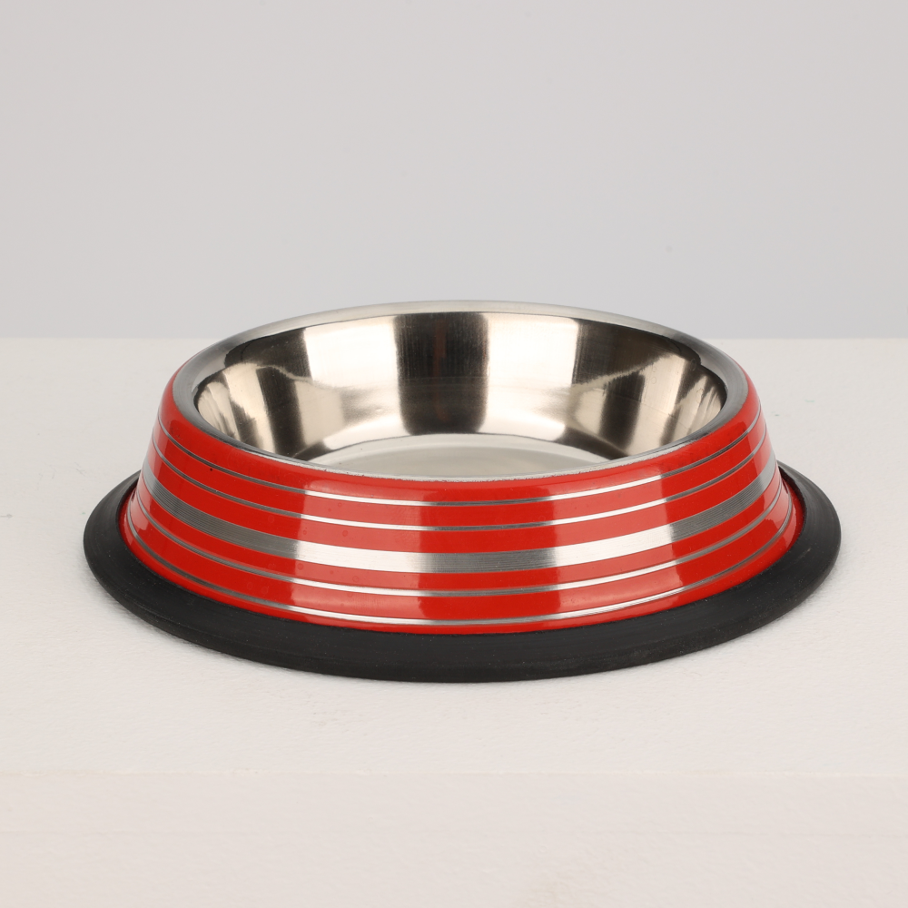 Skatrs Anti Skid Glossy Striped Bowl for Dogs and Cats Red