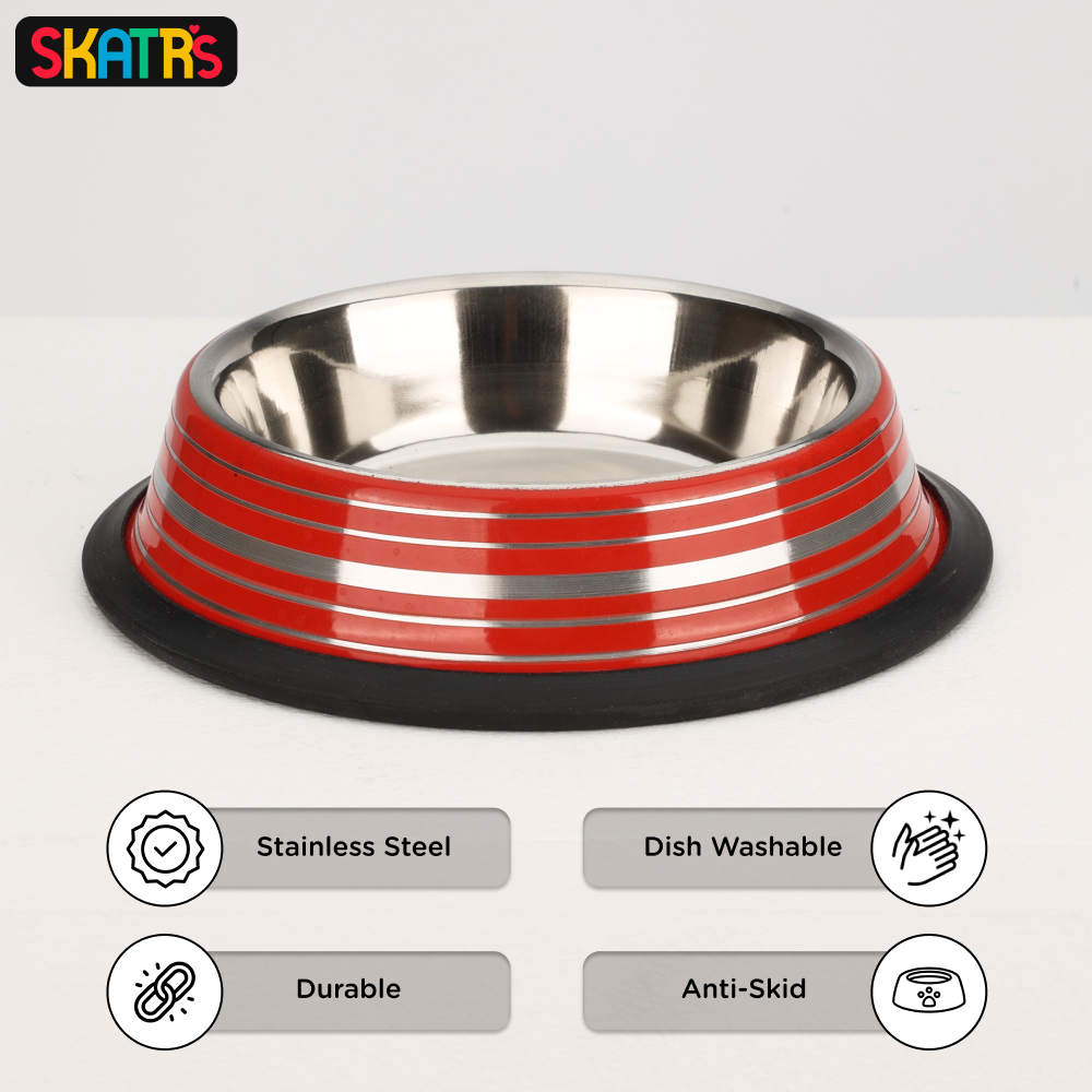 Skatrs Anti Skid Glossy Striped Bowl for Dogs and Cats Red