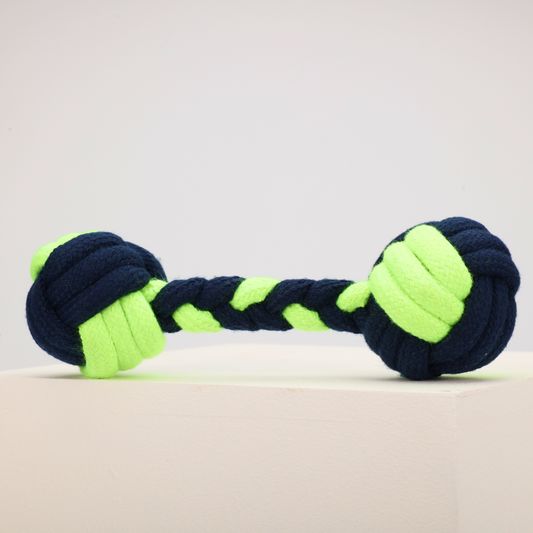 Skatrs Dumbbell Shaped Rope Chew Toy for Dogs and Cats Neon GreenDark Blue