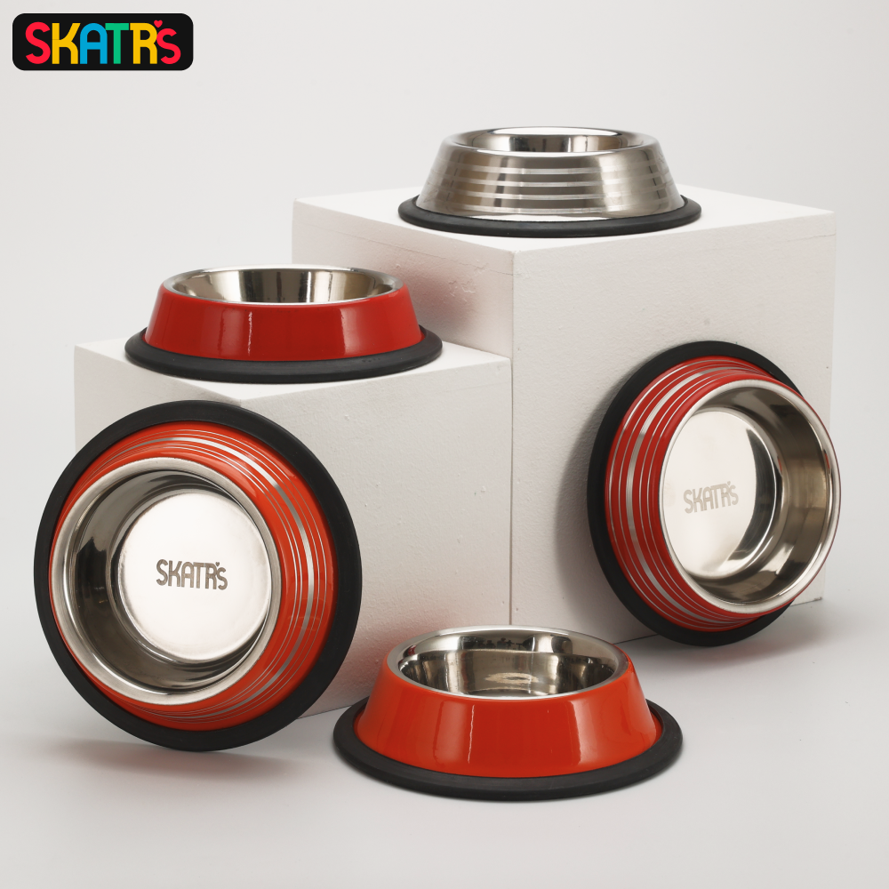 Skatrs Anti Skid Stainless Steel Bowl and Stainless Steel Striped Bowl for Dogs and Cats Combo