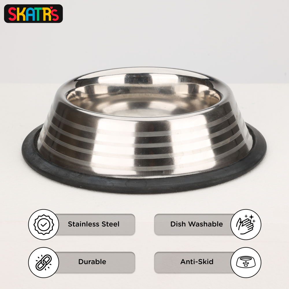 Skatrs Anti Skid Stainless Steel Striped Bowl for Dogs and Cats Buy 1 Get 1