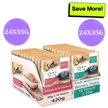 Sheba Skipjack Salmon Fish Mix and Fish with Dry Bonito Flake Cat Wet Food Combo