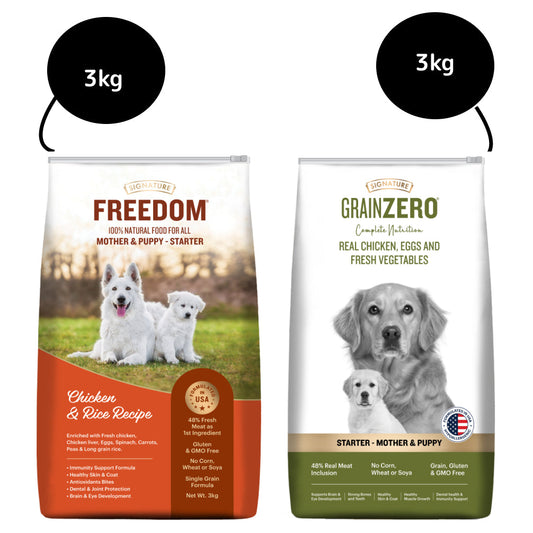 Signature Freedom Chicken and Rice and Grain Zero Real Chicken Egg and Vegetables Mother and Puppy Starter Dog Dry Food Combo