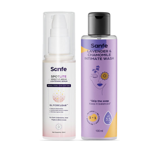 Sanfe Spotlite Kit for Dark Underarms, Thighs & Sensitive Areas. Enriched with Kojic Acid, Niacinamide, Lavender. Detanning, Anti-Aging, Odor & Skin Tightening.