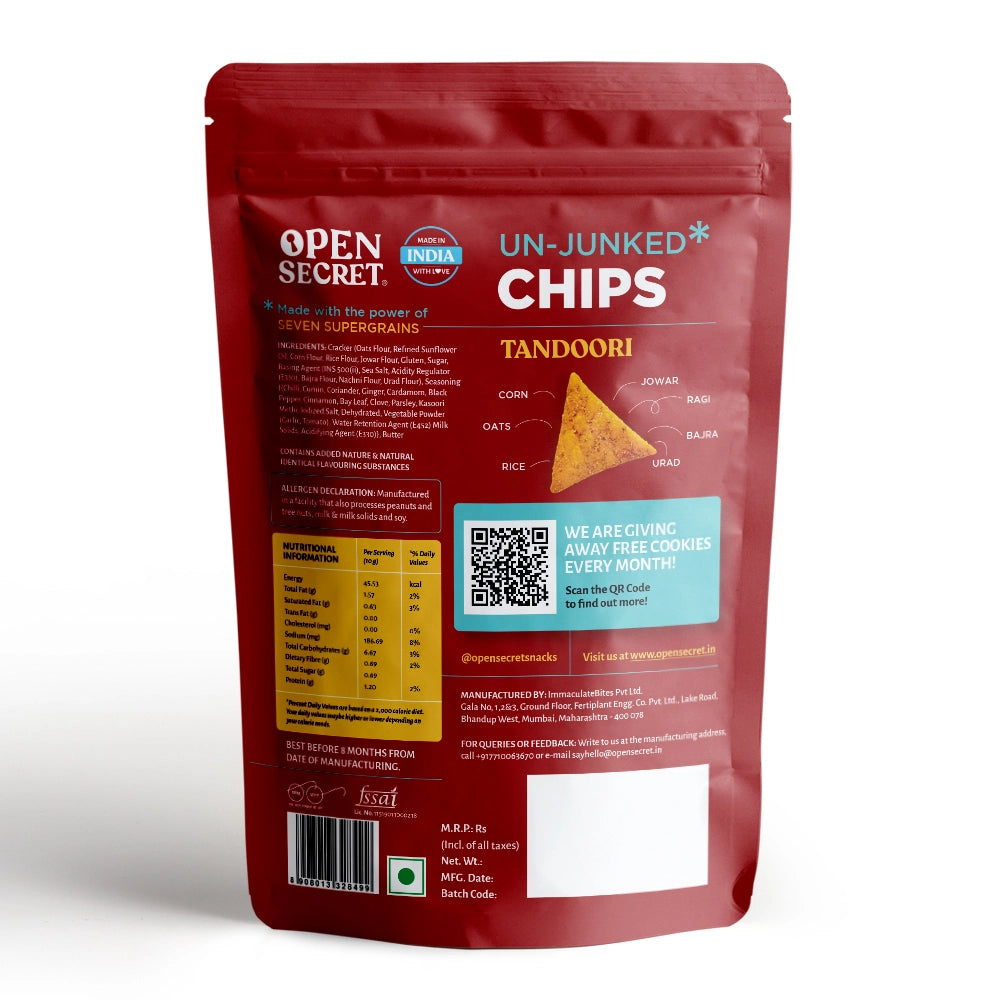 Open Secret Supergrain Chips- Tandoori - Pack of 12