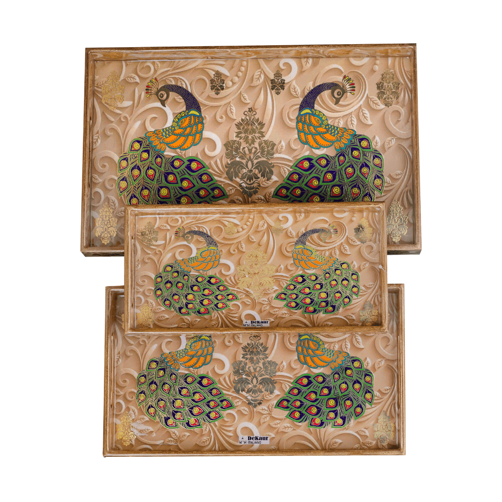 Gold Emboss Brown Peacock Print Elegant Rectangle Serving Tray Set of 3