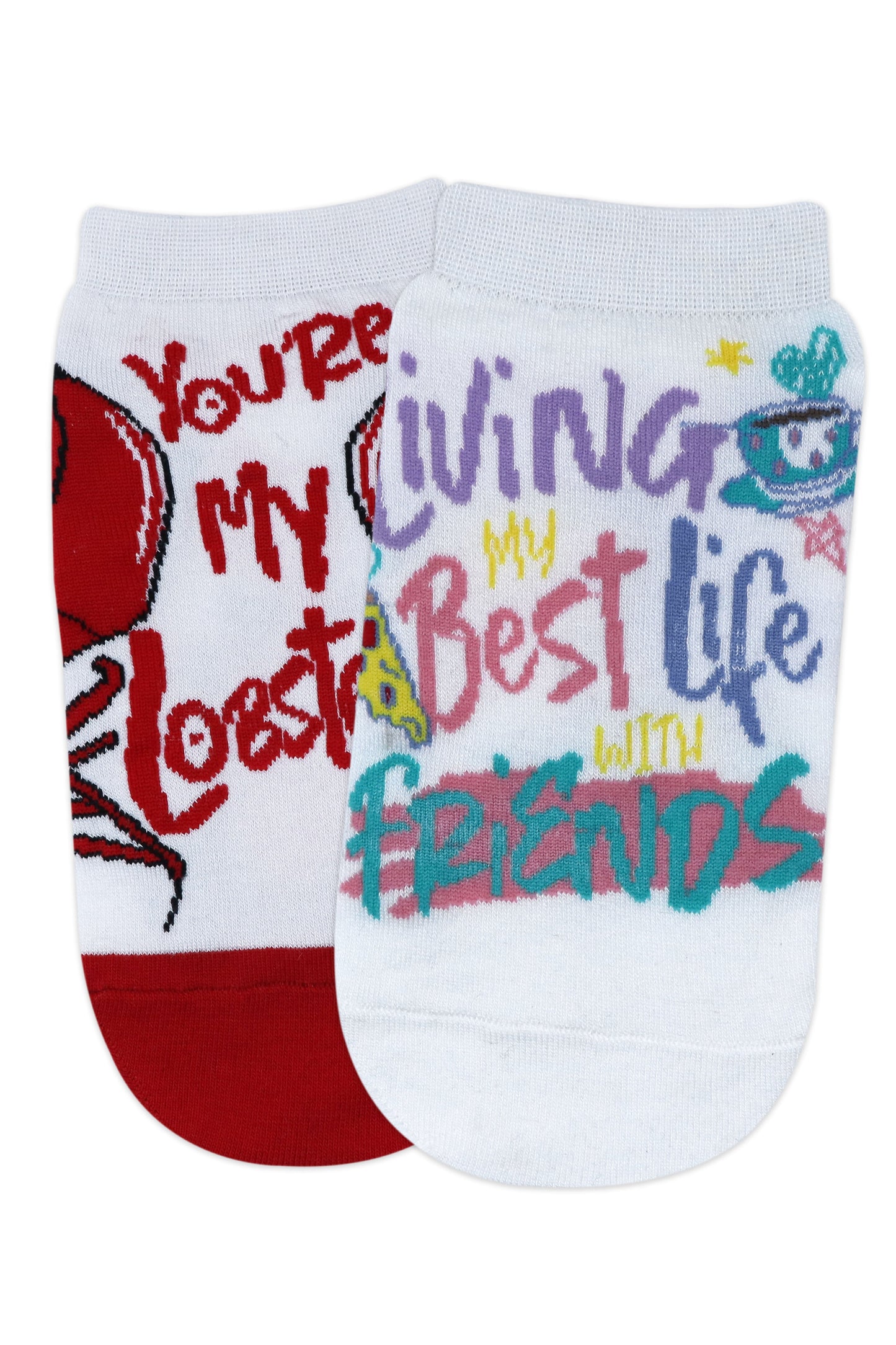 Balenzia x Friends  You are my lobster  Living my best life with friends Lowcut socks for women Pack of 2 Pairs1U - White