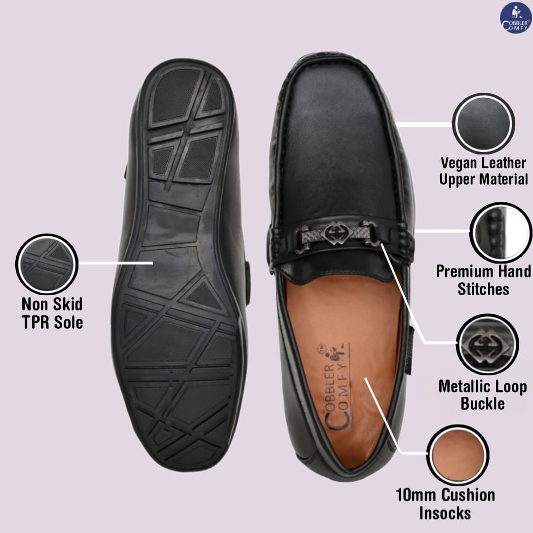 Matte Look Moccasins for Men with Metallic Buckle  Black