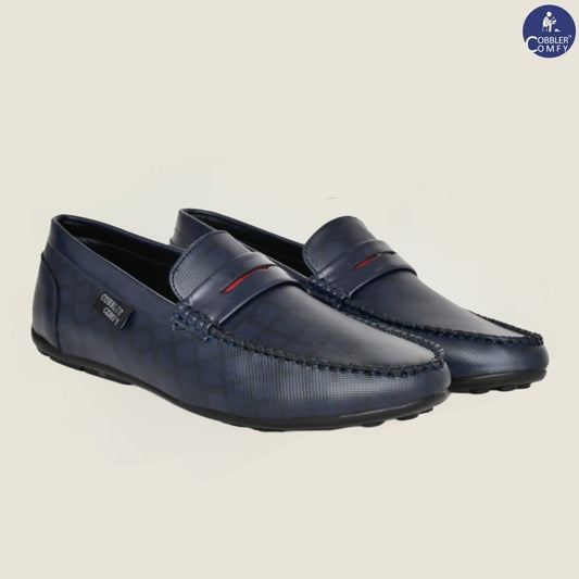 Classic Moccasins with Stylish Check Pattern  Navy Blue