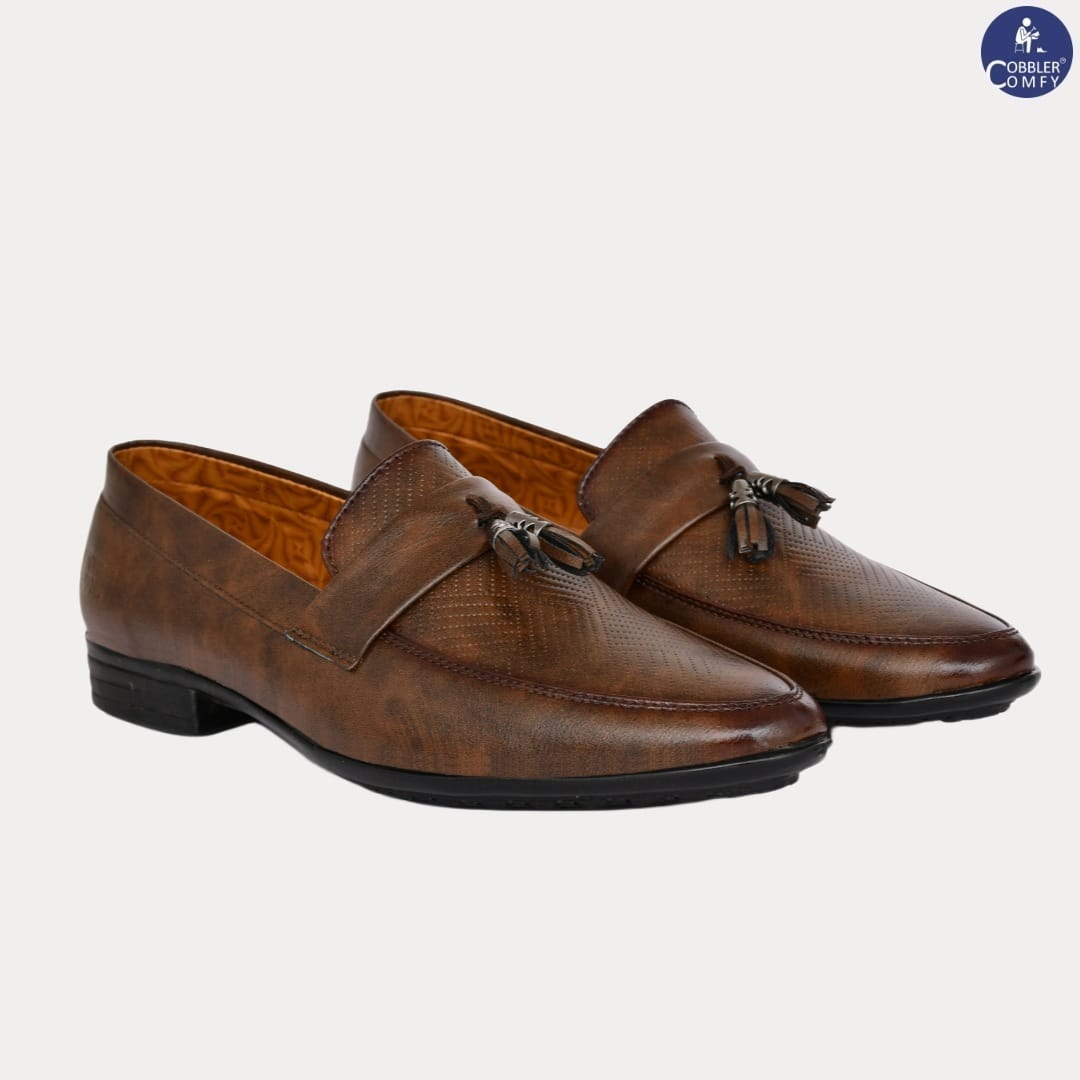 Tussled Loafers for Men with Perforated Pattern  Brown