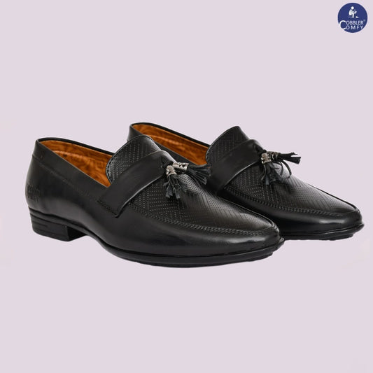 Pointed-tip Ethnic Loafers for Men with Tussles  Black