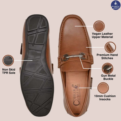 Matte Look Moccasins for Men with Metallic Buckle  Tan