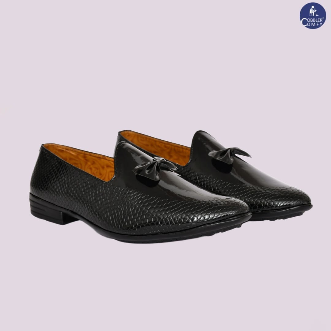 Partywear Shiny Slip-ons for Men with Bow  Embossed Pattern  Black