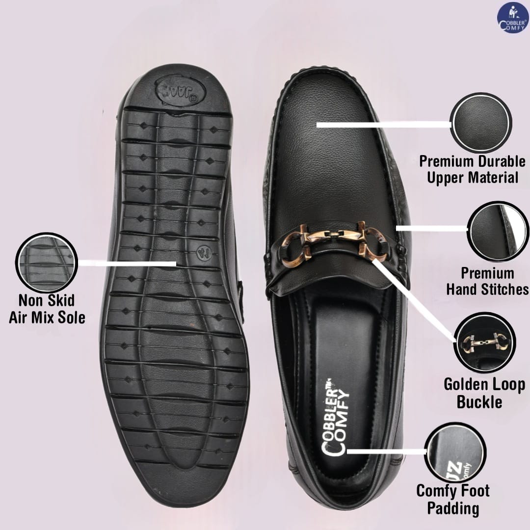 Neat Look Loafers for Men with Double Stitch  Metallic Buckle  Black