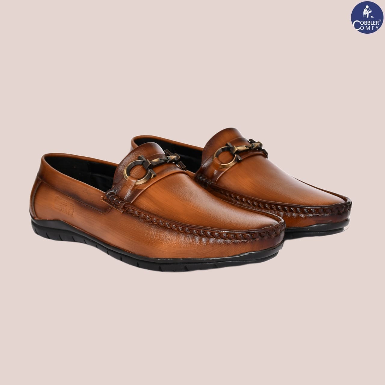 Neat Look Loafers for Men with Double Stitch  Metallic Buckle  Tan