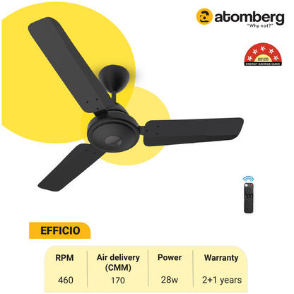 Atomberg Efficio 900 mm BLDC Motor with Remote 3 Blade Ceiling Fan Matt Black Pack of 1