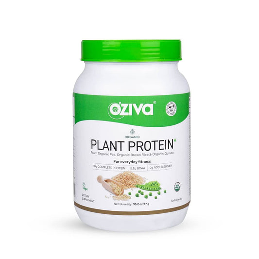 OZiva Organic Plant Protein 30g Vegan Protein - Pea protein Isolate Brown Rice Protein  Quinoa Soy free for Everyday Fitness Unflavored 1kg