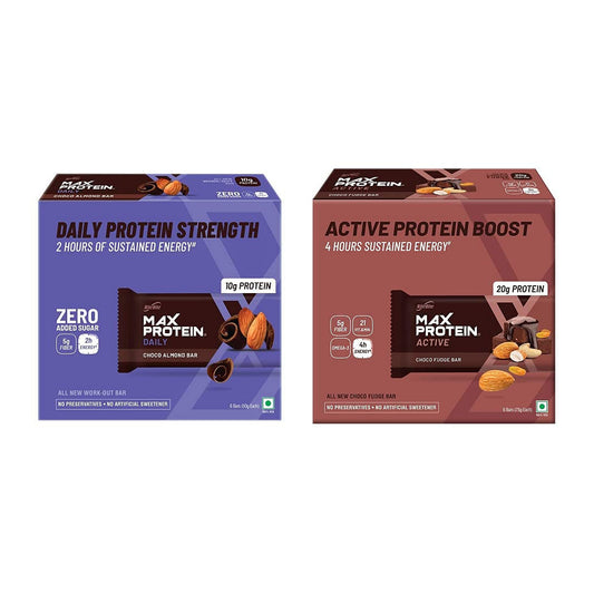 Ritebite Max Protein Daily Choco Almond Bars 300g - Pack of 6 50g x 6  RiteBite Max Protein Active Choco Fudge Bars 450g - Pack of 6 75g x 6