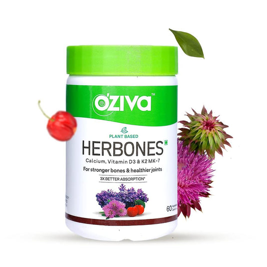 OZiva HerBones for Women: Plant-based Calcium, Vegan Vitamin D3, K2 MK-7 for Stronger Bones, Healthier Joints, Better Absorption, 60 Veg Capsules.