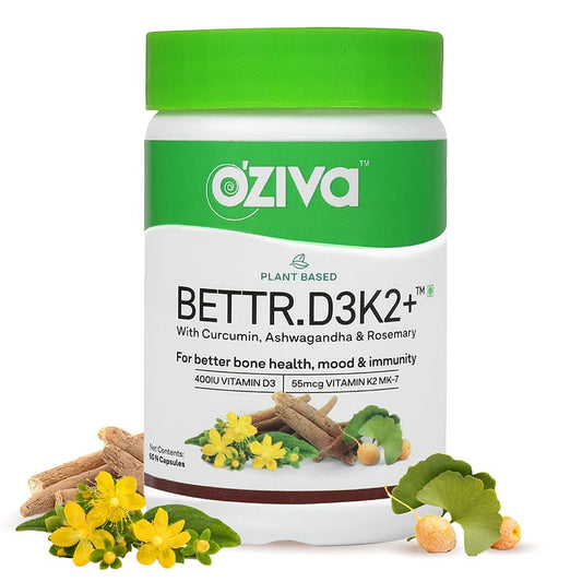 OZiva Bettr.D3K2 Plant based Vitamin D3 K2 with Curcumin Ashwagandha  Rosemary for Anti-Inflammation Mood  Immunity 60 veg Capsules Certified Vegan