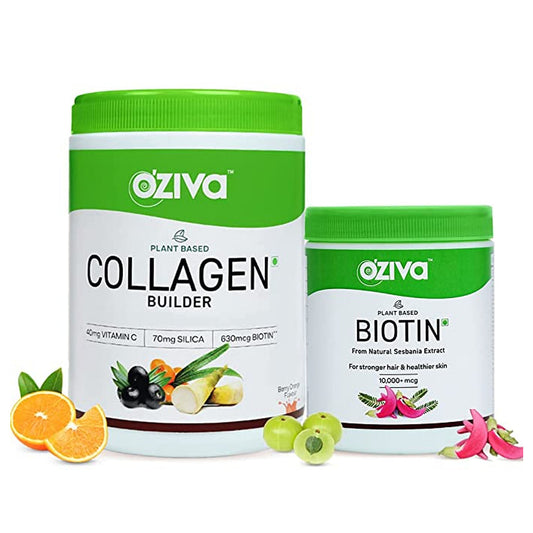OZiva Plant Based Collagen Builder With Vitamin C Classic 250g  OZiva Plant Based Biotin 10000 mcgwith Natural Sesbania Agati Extract For Stronger Hair  Healthier Skin125g PowderCombo Pack