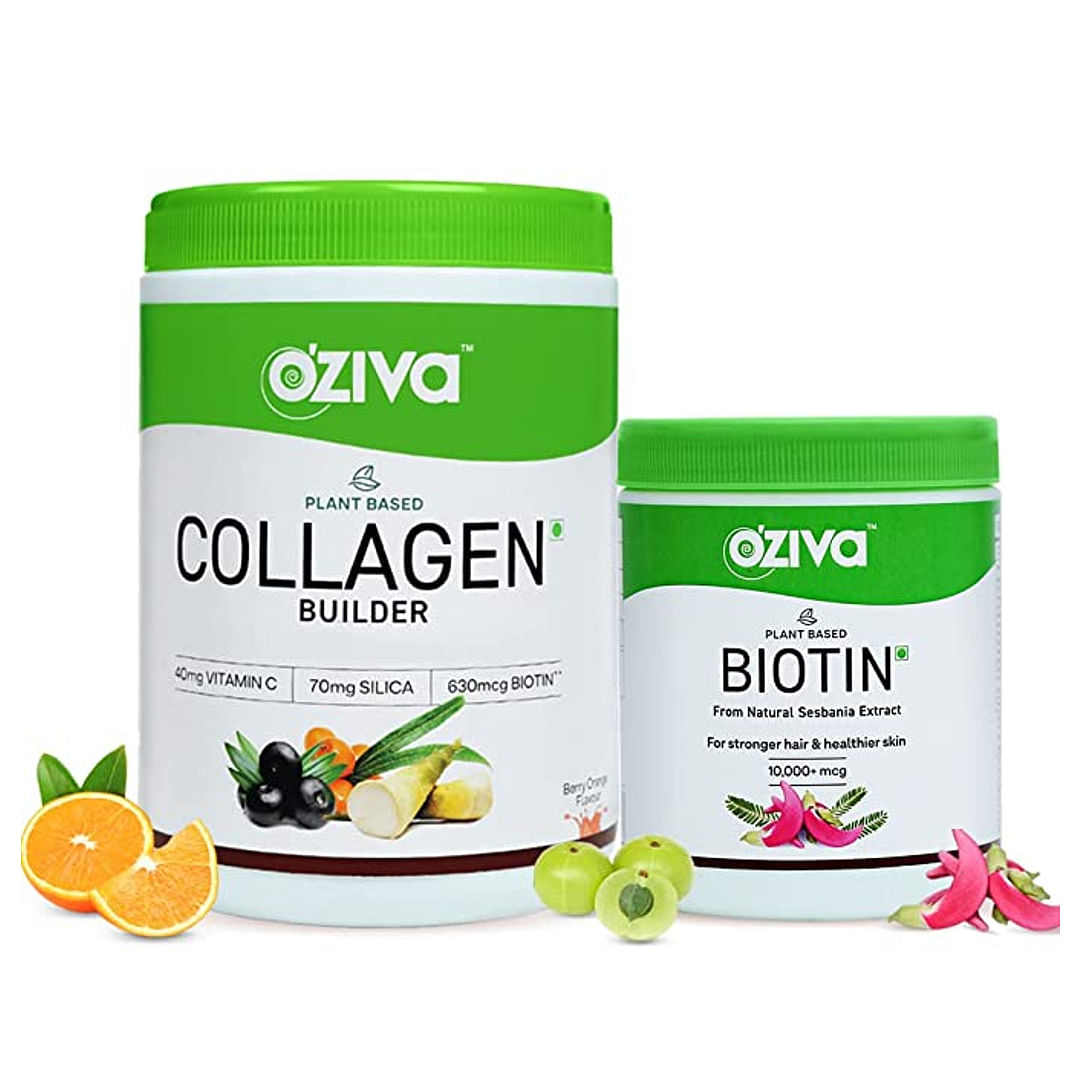 OZiva Plant Based Collagen Builder 250g & Biotin 10000 mcg with Sesbania Agati Extract for Stronger Hair & Healthier Skin 125g Combo Pack