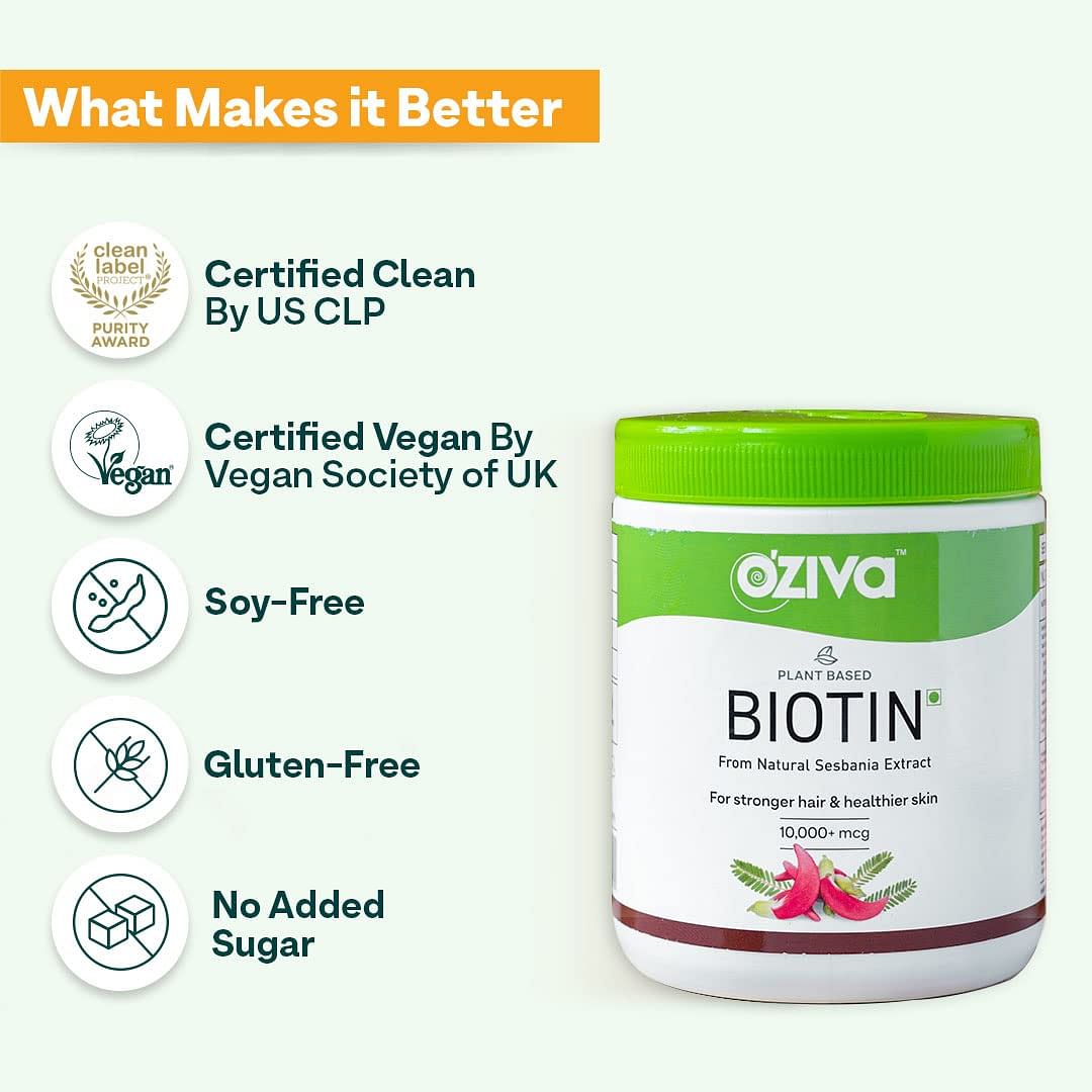 OZiva Plant Based Biotin Powder for Hair Growth, Healthier Skin & Nails, with Silica & Sesbania Agati, Certified Clean, Vegan, Pack of 2