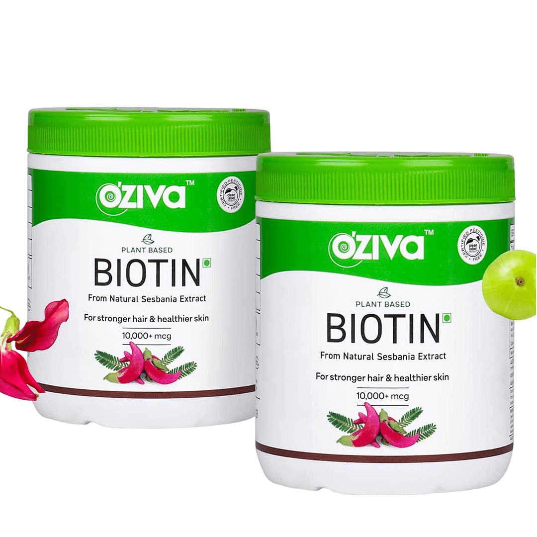 OZiva Plant Based Biotin Powder for Hair Growth, Healthier Skin & Nails, with Silica & Sesbania Agati, Certified Clean, Vegan, Pack of 2