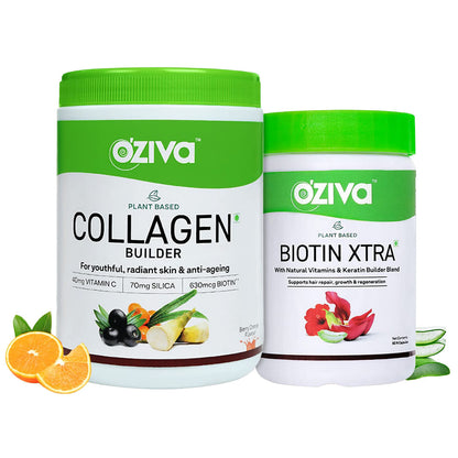 OZiva Plant Based Collagen Builder for Glowing Skin, with Biotin, Silica, Vitamin C, Berry Orange flavor.