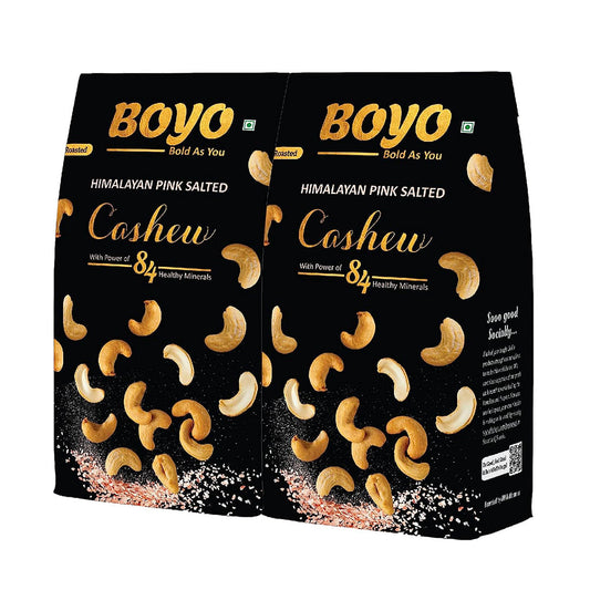 BOYO Roasted Cashew Nuts 400g 2 x 200g - Himalayan Pink Salted and Crunchy Kaju - Low Sodium Oil Free Roasted By Dry Roasting Technique