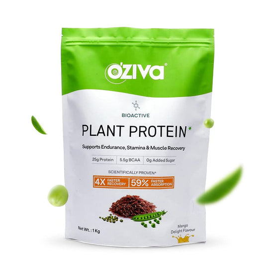 OZiva Bioactive Plant Protein: 25g Vegan Protein, 5.5g BCAAs, 100% RDA Vitamins & Minerals, Ayurvedic Herbs, Mango Delight, 1Kg.