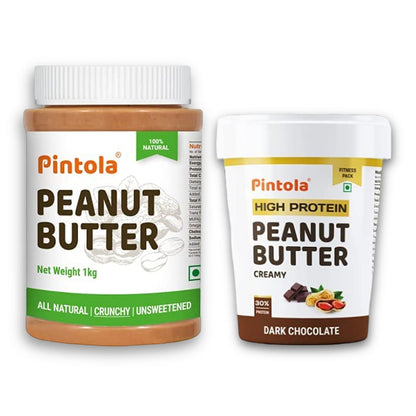 Pintola All Natural Peanut Butter Crunchy 1kg  Pintola HIGH Protein Peanut Butter Dark Chocolate Creamy 510g  30 Protein  High Fibre  NO Salt