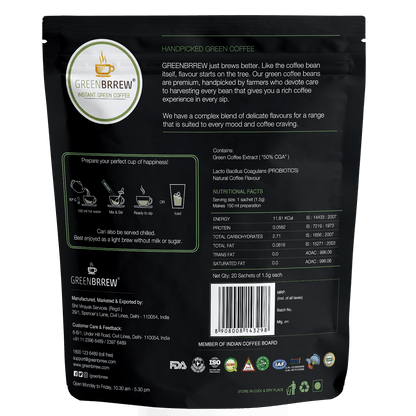 Greenbrrew Cappuccino Original Green Coffee Instant Coffee Beverage Premix for Weight Management - 30g 20 Sachets