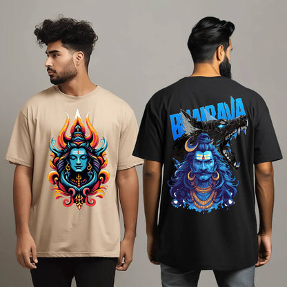 Mahadev Shiva Beige and Black Combo Oversized Tshirts