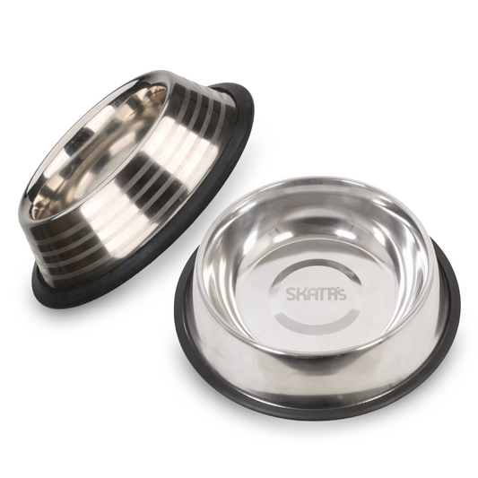 Skatrs Anti Skid Stainless Steel Bowl and Stainless Steel Striped Bowl for Dogs and Cats Combo