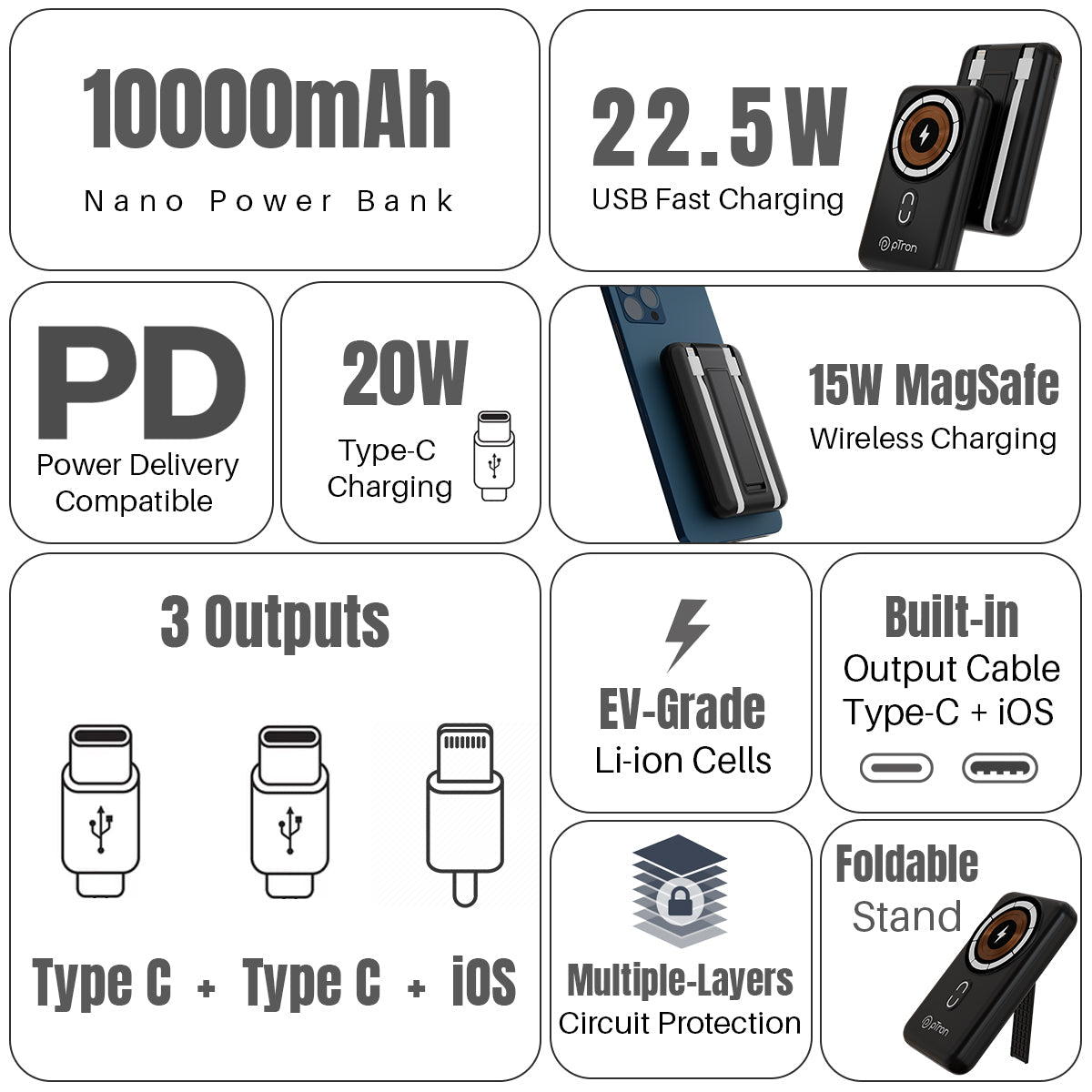 pTron Dynamo Quanta 10000mAh 22.5W Nano Magnetic Power Bank Black