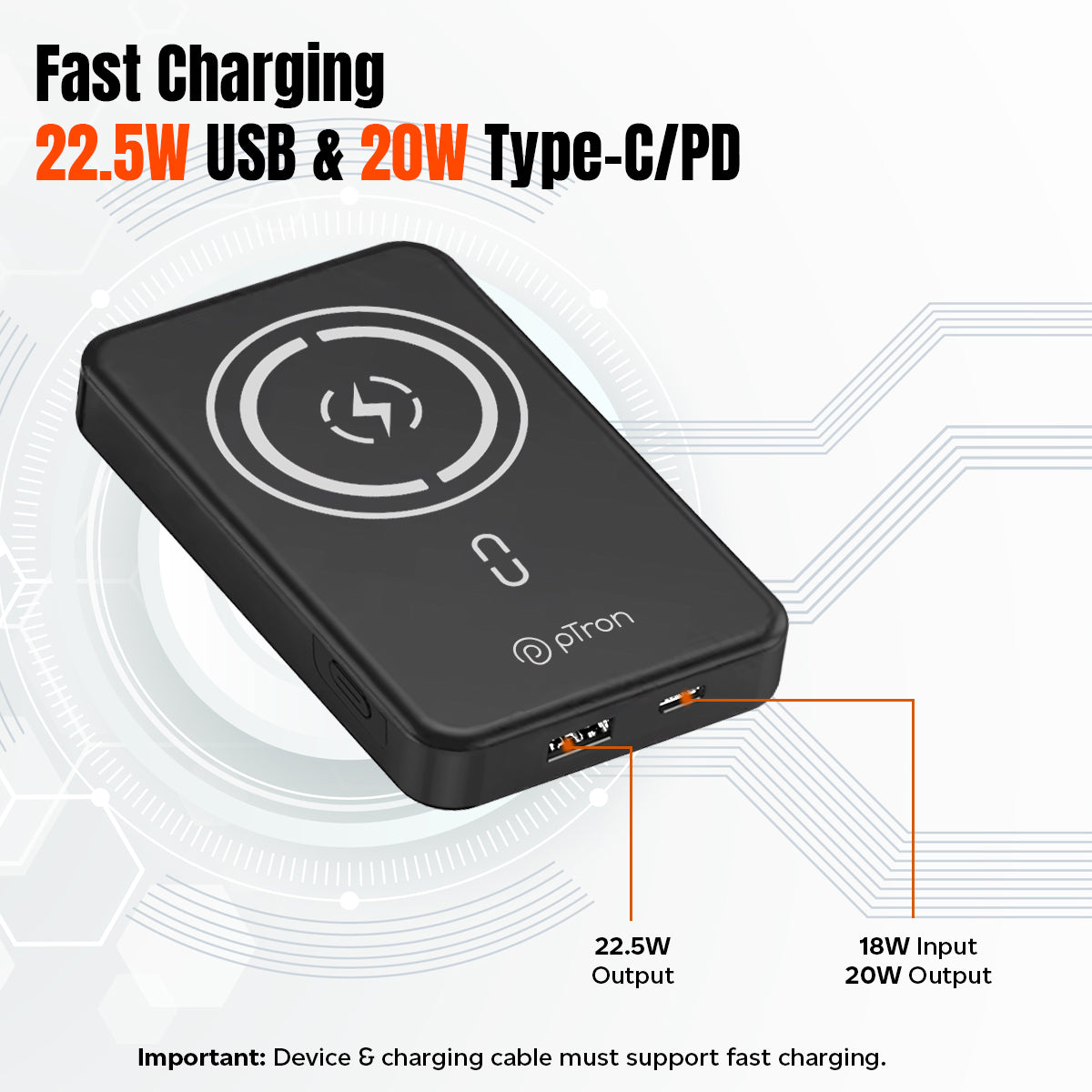 pTron Dynamo Arc 10000mAh 22.5W Nano Magnetic Power Bank Black