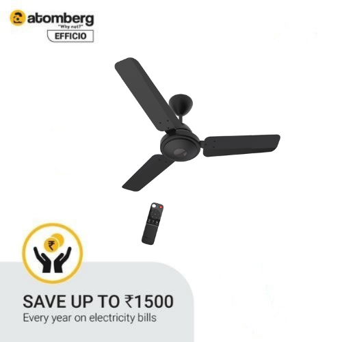 Atomberg Efficio 900 mm BLDC Motor with Remote 3 Blade Ceiling Fan Matt Black Pack of 1