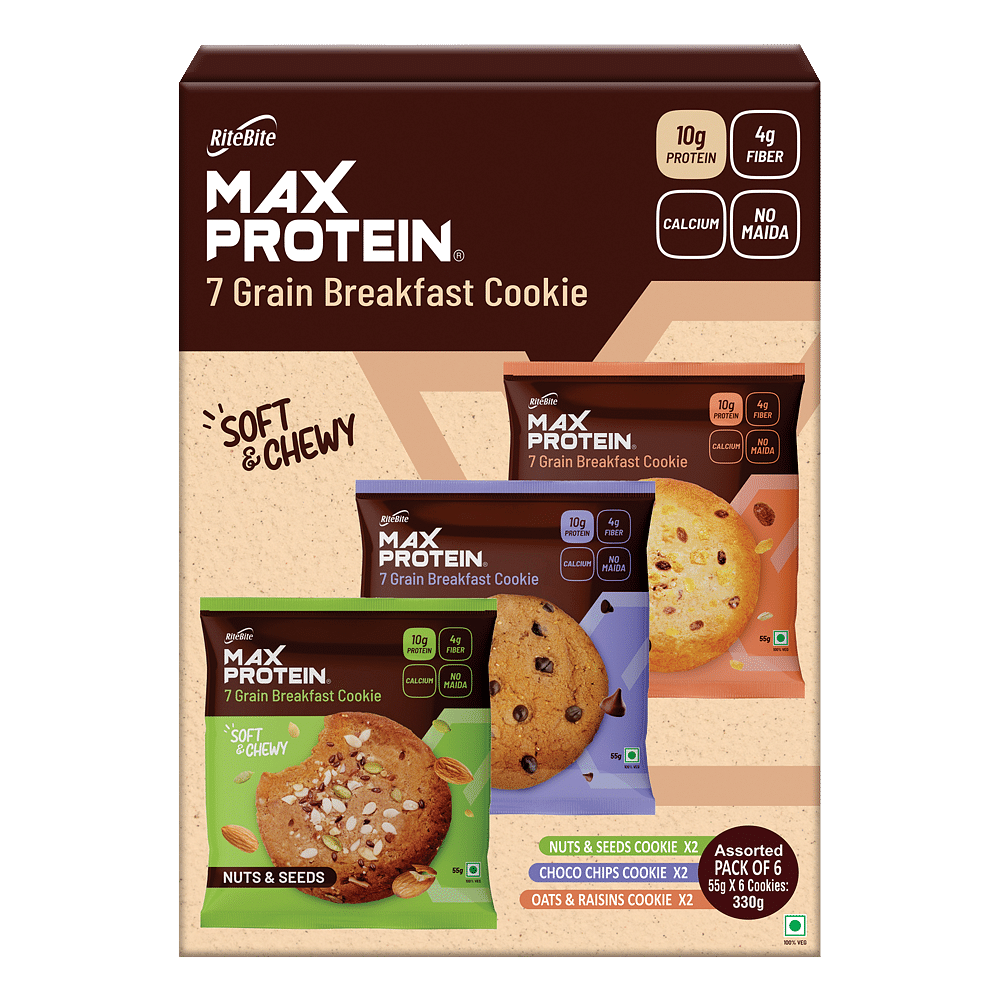 RiteBite Max Protein Cookies Assorted - Choco Chips x 1 Nuts  Seeds x 1  Oats  Raisins x 1 Pack of 6 330 g