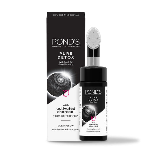 Ponds Pure Detox Foaming Brush Facewash for Clear Glow Gentle Exfoliation Deep Clean All Skin Types 150 ml