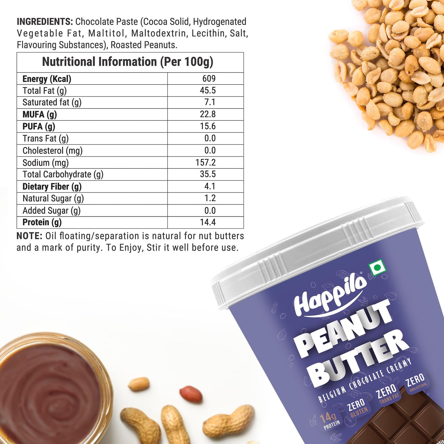 Happilo Belgium Chocolate Peanut Butter Creamy 510g