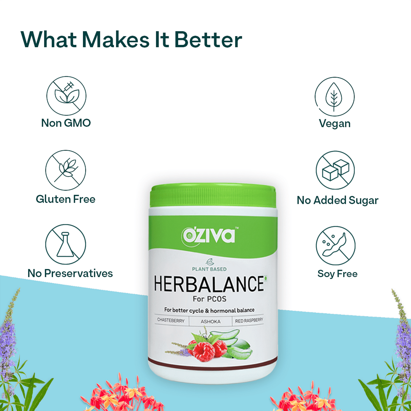 Oziva Plant-Based Herbalance for PCOS: Myo-Inositol, Chasteberry, Shatavari. Promotes better cycle & hormonal balance.