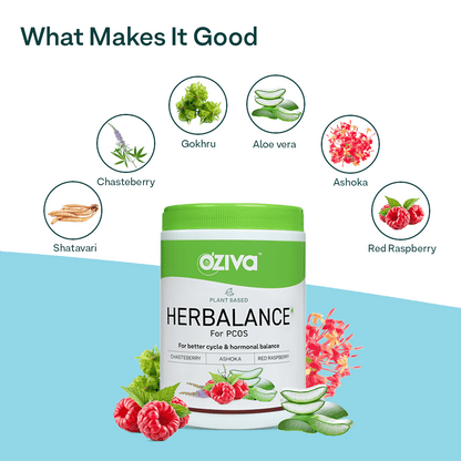 Oziva Plant-Based Herbalance for PCOS: Myo-Inositol, Chasteberry, Shatavari. Promotes better cycle & hormonal balance.