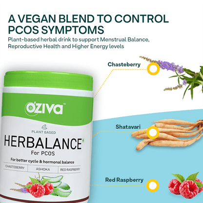 Oziva Plant-Based Herbalance for PCOS: Myo-Inositol, Chasteberry, Shatavari. Promotes better cycle & hormonal balance.