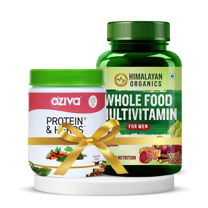 OZiva Protein & Herbs for Women Chocolate 500g, Himalayan Organics Whole Food Multivitamin for Men, 60 Veg Capsules.