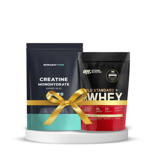 Optimum Nutrition Whey Protein 1lb Vanilla Ice Cream + Nutrabay Creatine Monohydrate 100g Unflavoured Pack of 2 Combo