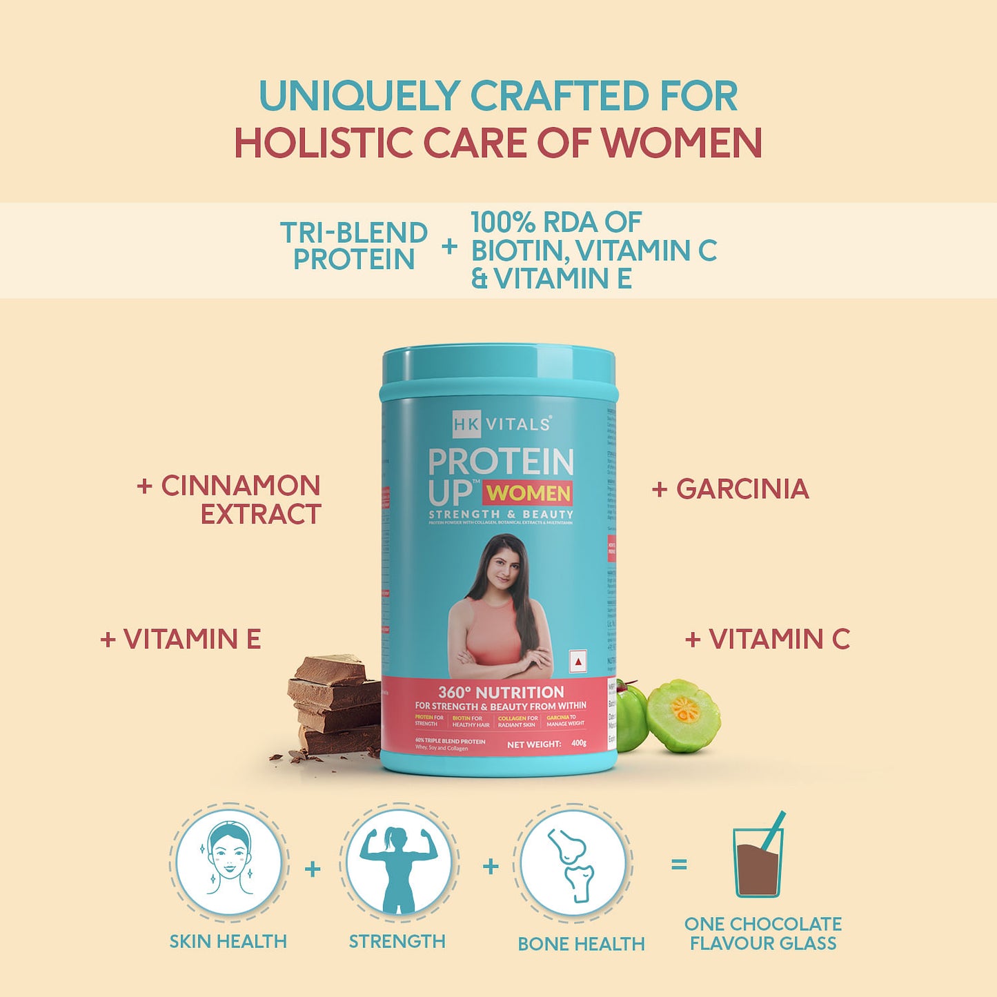 HealthKart HK Vitals ProteinUp Women: Veg Protein with Soy, Whey, Collagen, Biotin, Garcinia, Green Tea. No Added Sugar. Chocolate.