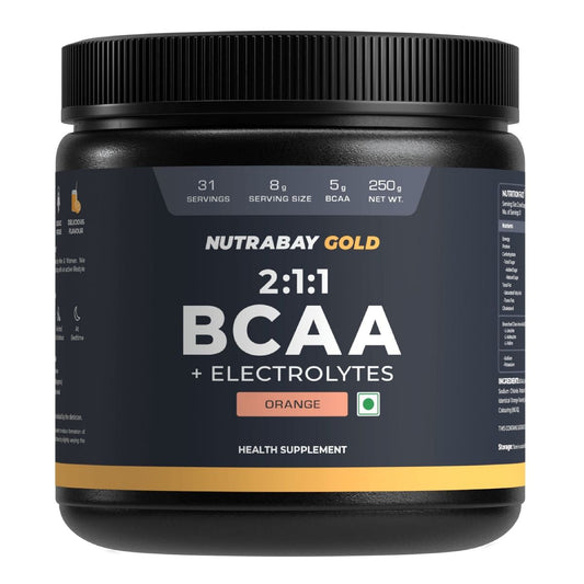 Nutrabay Gold BCAA 211 with Electrolytes - 5g Vegan BCAAs PrePost Workout Energy Drink - 250g Orange