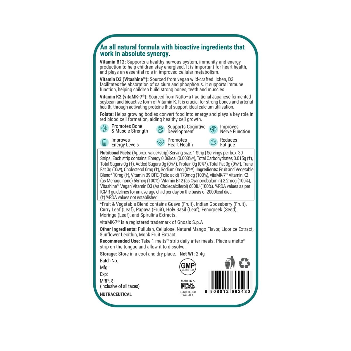 Wellbeing Nutrition Kids Organic Vitamin B12 D3K2 Folate, Bone & Muscle Health, Immune Support, Exotic Mango Flavor, 30 Oral Strips