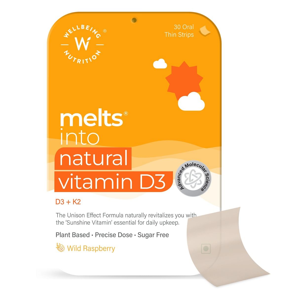 Wellbeing Nutrition Melts Vitamin D3 K2 MK-7 with Organic Coconut Oil, Astaxanthin, Vegan for Immunity, Heart, Muscle, Bone - 30 Oral Strips